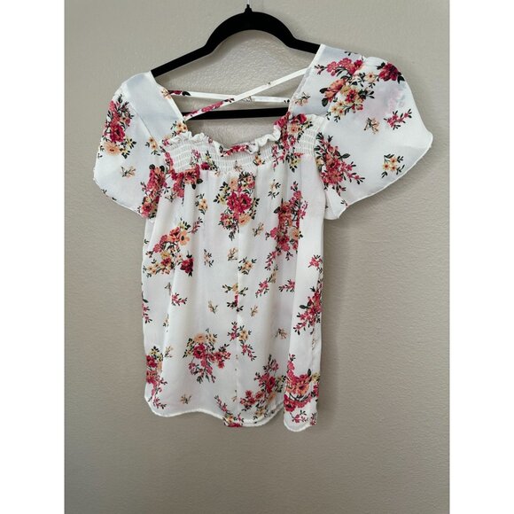 NOBO Womens Cream Pink Floral Blouse M short sleeve ribbed round neck polyester - Picture 4 of 5